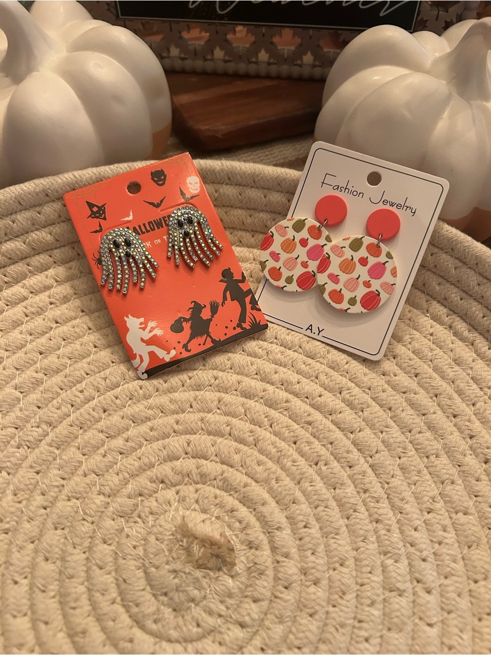 Pumpkin Print Drop Earrings - Orange & Silver Ghost Earrings